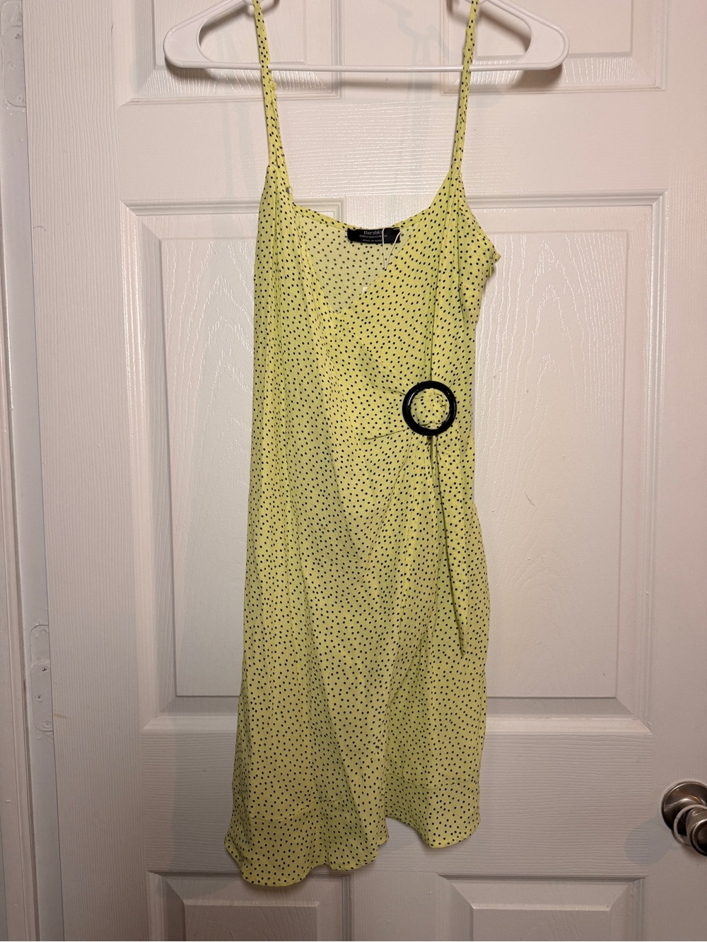 Bershka Yellow Polka Dot Spaghetti Strap Wrap Mini Dress